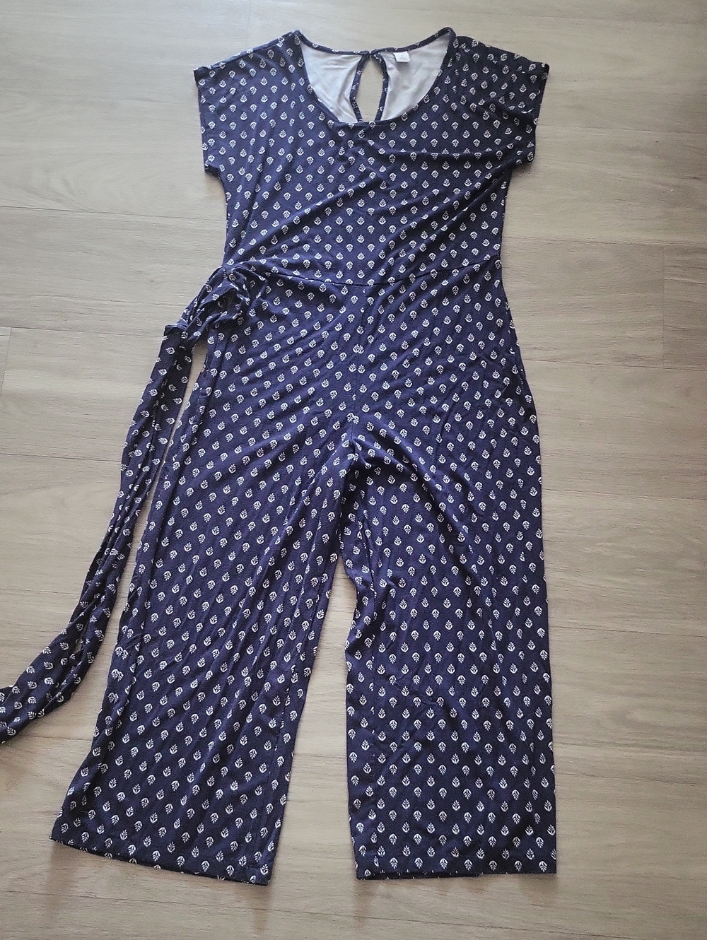 Old Navy Navy Blue Printed Short-Sleeve Jumpsuit with Waist Tie